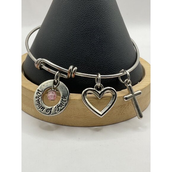 Woman Of Faith Silver-Tone Adjustable Bangle Bracelet With Heart & Cross Charms - Picture 2 of 4